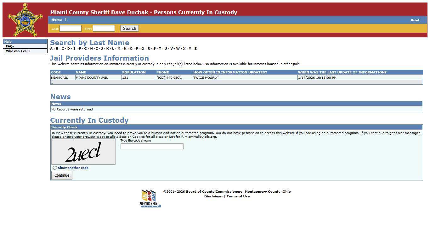 Miami County Sheriff Dave Duchak - Persons Currently In Custody